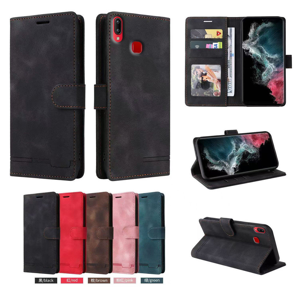 Wallet Leather Casing Kulit untuk Vivo Y93 1814, 1815, V1818A, V1818T flip PU Dompet Keranjang Slot 