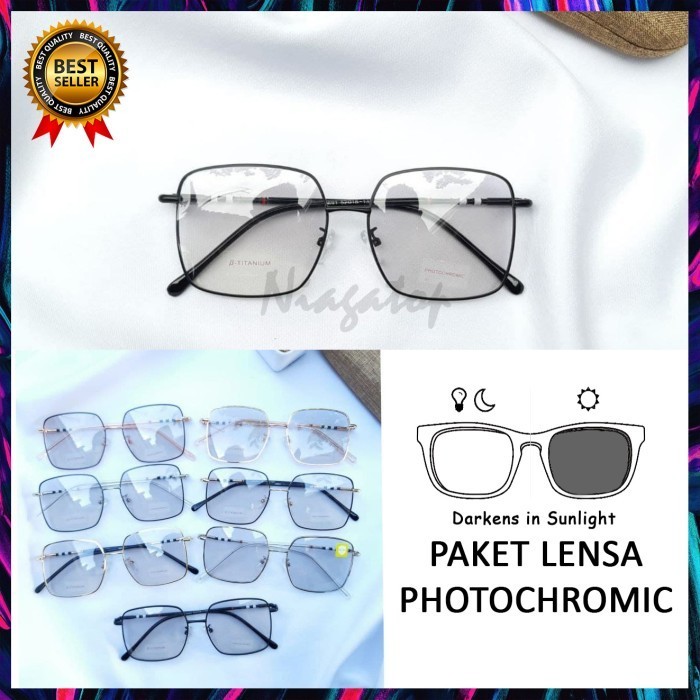 Kacamata Pria Wanita Frame Kotak Lebar Photocromic Anti Sinar UV Minus
