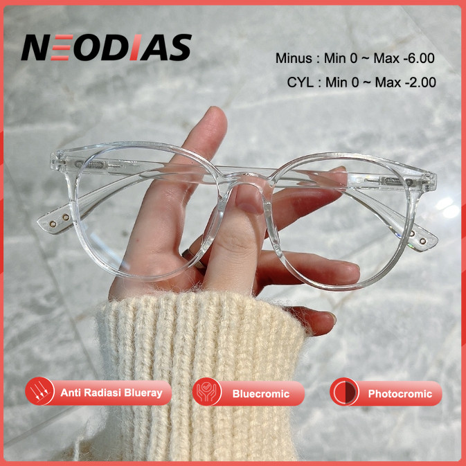 NeoDias Kacamata Minus Wanita FrameTransparan Korea Fashion Bulat Anti Blue Light anti Radiasi Model