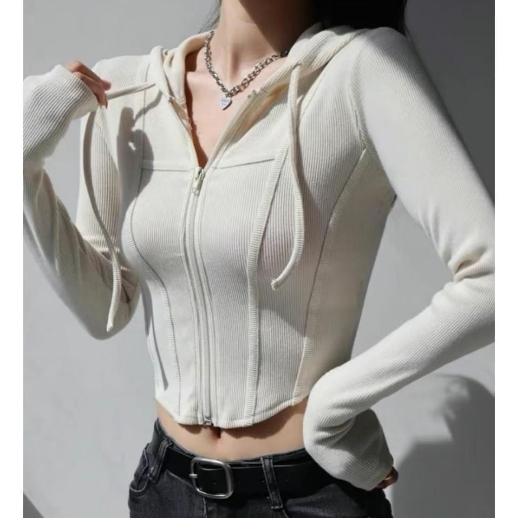 DHOLISHOP.ID jacket crop HAERIN GRANIA PREMIUM JACKET ZIPPER hoodie knit || crop top wanita outfit k