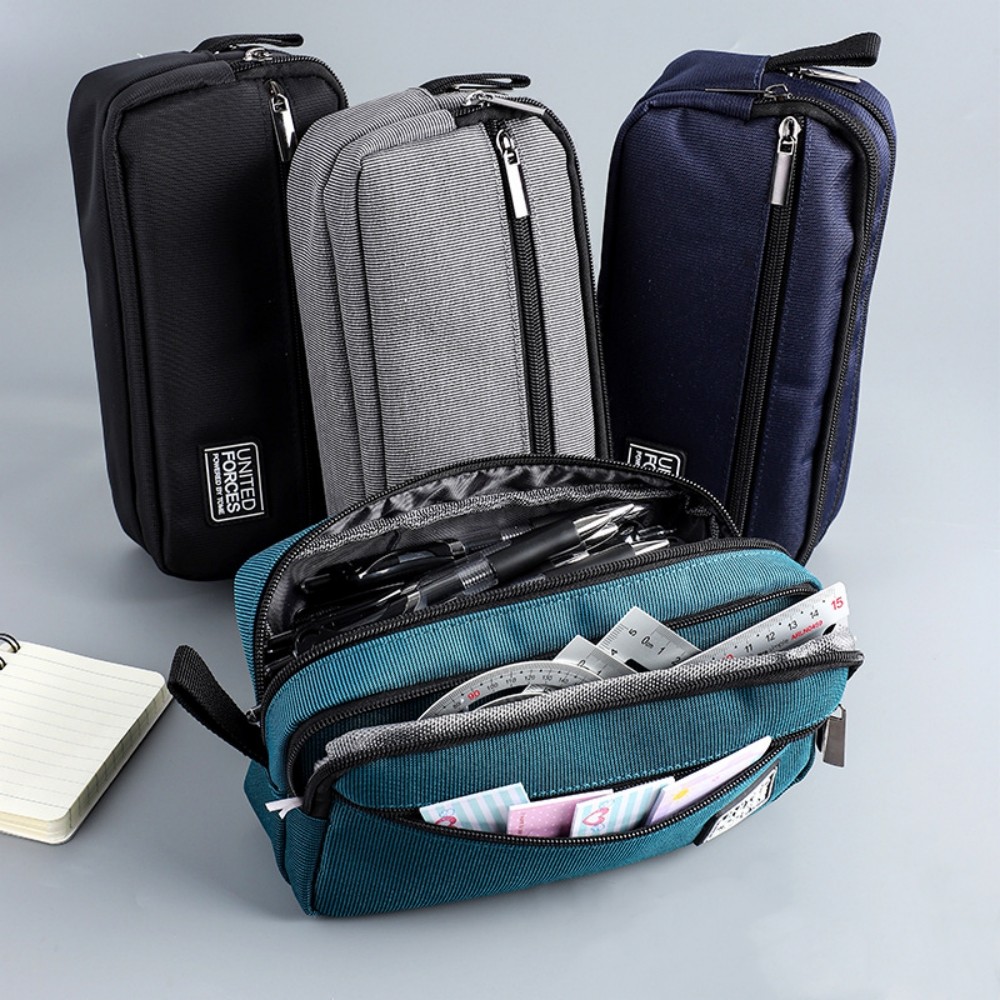 

portable three-layer large capacity pencil bag boy canvas pen case school office supplies storage bag waterproof stationery bag