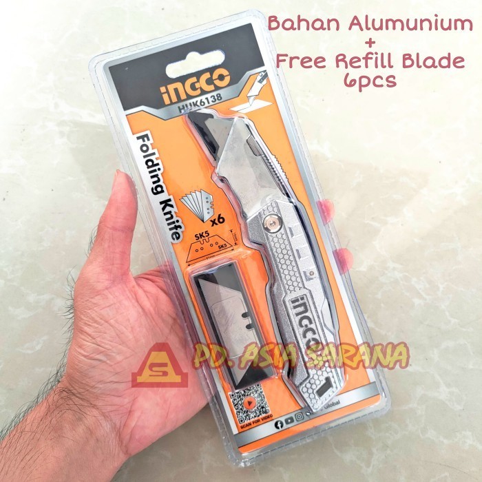 Pisau Lipat Gagang Alumunium SK5 INGCO HUK6138 Folding Knife + Refill