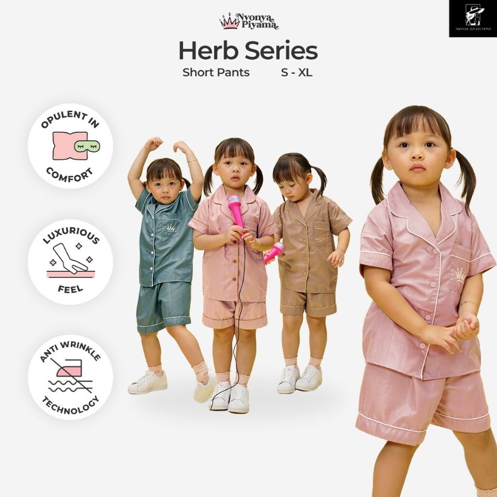 [BEST SELLER] Nyonya Piyama Poly Bamboo Set Piyama Celana Pendek Anak (Polos Herb)