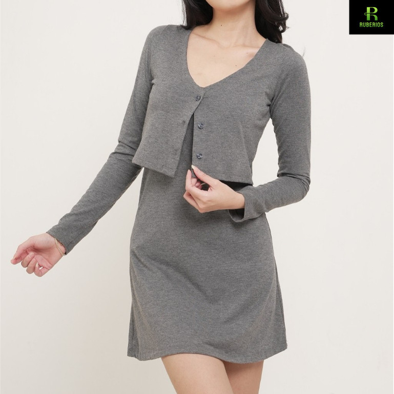 99kOUTLET One Set Mini Dress Spaghetti Strap Tanpa Lengan + Cardigan Cropped Full Kancing Lengan Pan