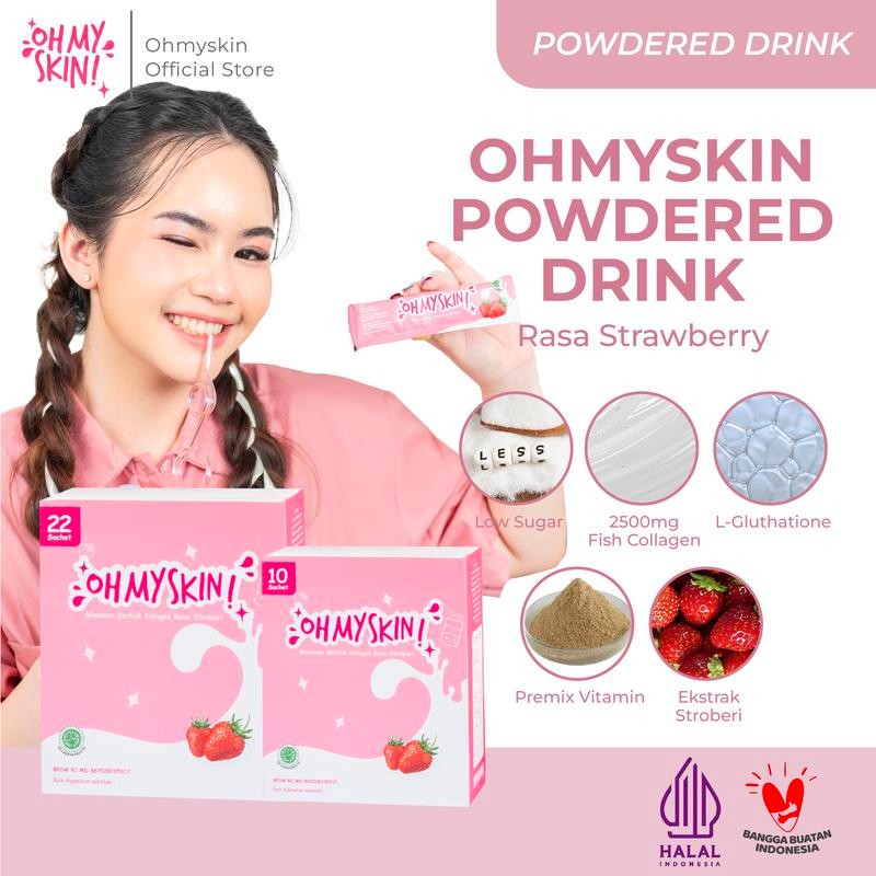 

Ohmyskin Powdered Drink Strawberry isi 10 Sachet with 2500mg Collagen and L-Glutathione