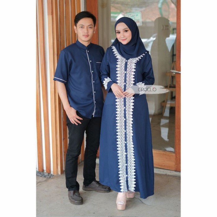 "WY.SY" - DISKON Baju Gamis Couple Busui Brukat Brokat Polos Jumbo KIRANI Warna Navy - 1Jilbab Bela