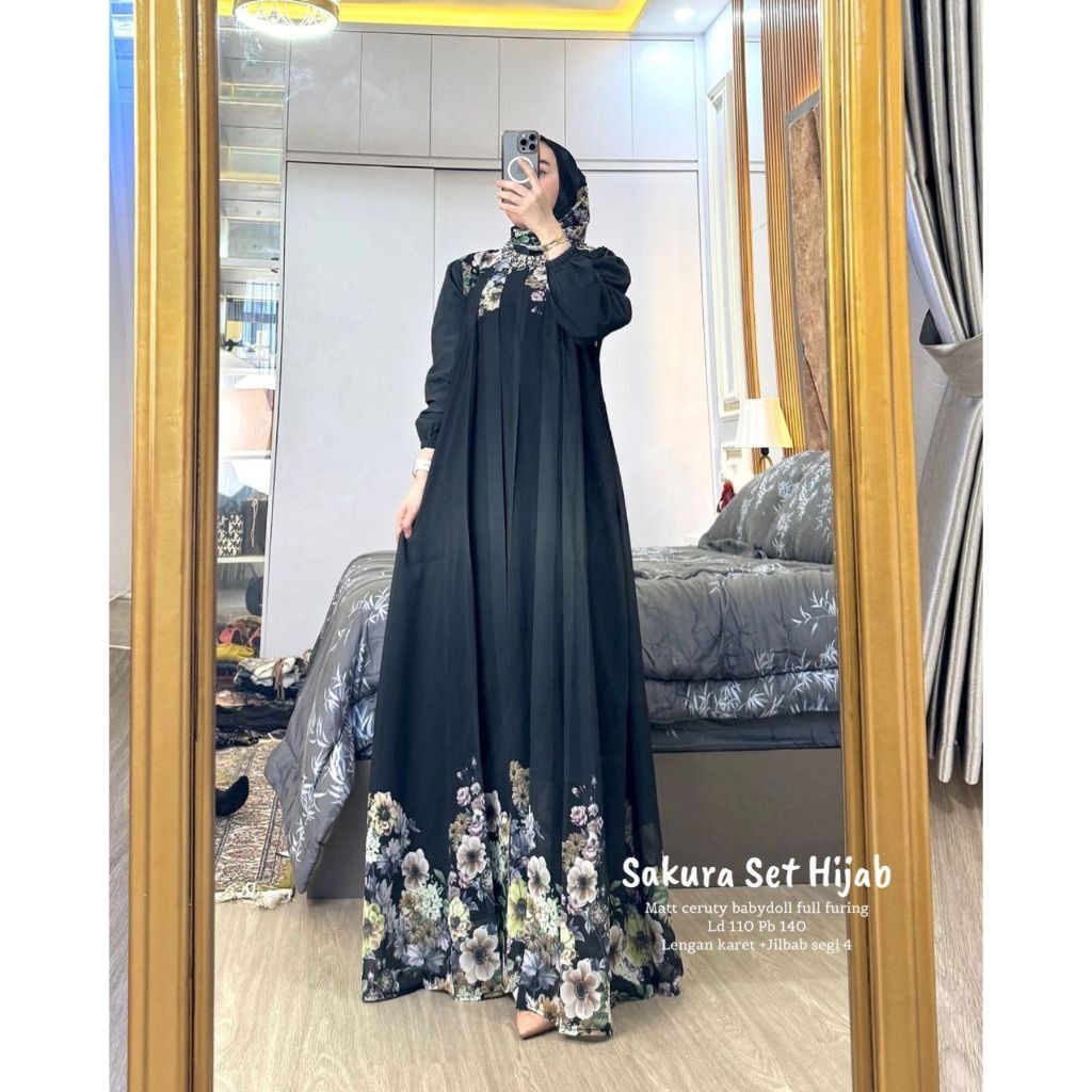 Cod Safrinaset hijab/Qian dress /sakura set syari/gamis motif/gamis premium/gamis ceruty/dress konda