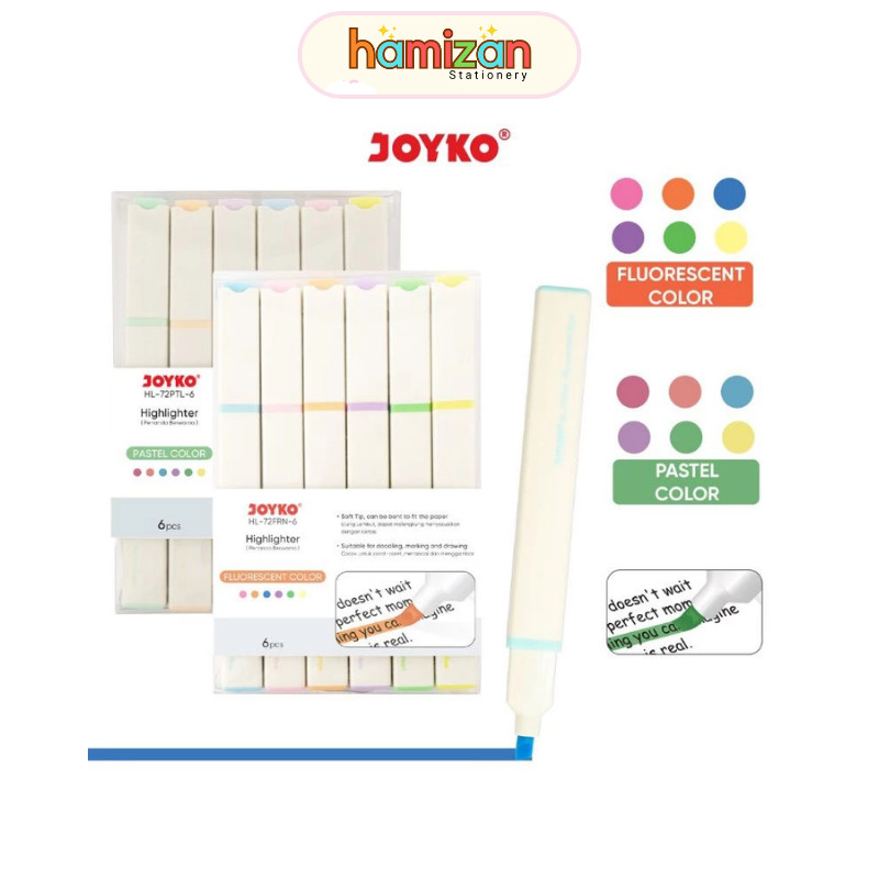 

HL72PTL Highlighter Set JOYKO / Penanda Warna Warni harga 1 set tersedia Pastel Soft Colour dan Neon Colour HL-72PTL-6 / HL-72FRN-6