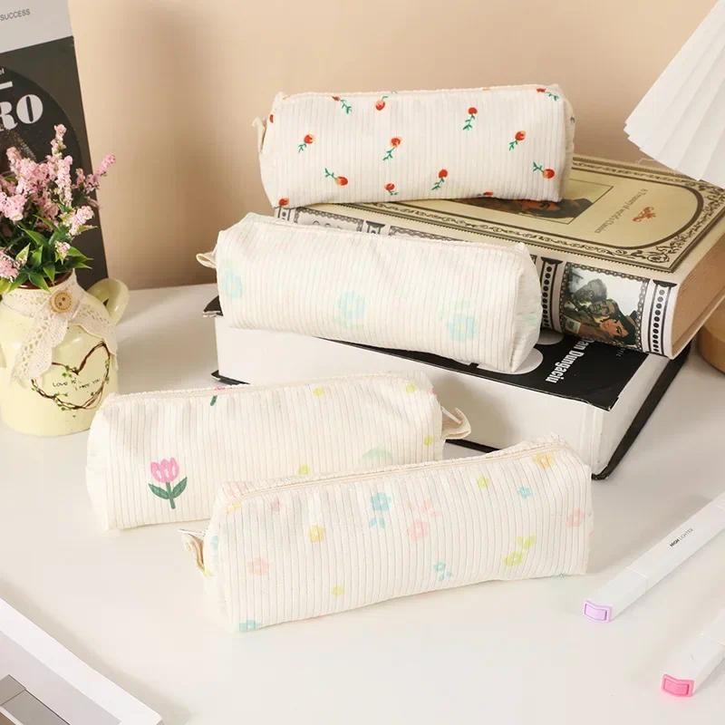 

1 Piece Ins Simplicity Pencil Case for Kids Chic Cute Daisy Tulip Floal Pencil Pouch Portable Corduroy Stationery Storage Bag