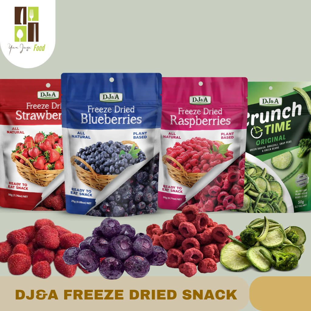 

DJ&A Dried Freeze / Snack Buah Kering / Freeze Dried Fruit / Snack Sehat Cemilan Buah /Cemilan Siap Makan Rasa Strawberry - Raspberries - Blueberries - Crunch TIme