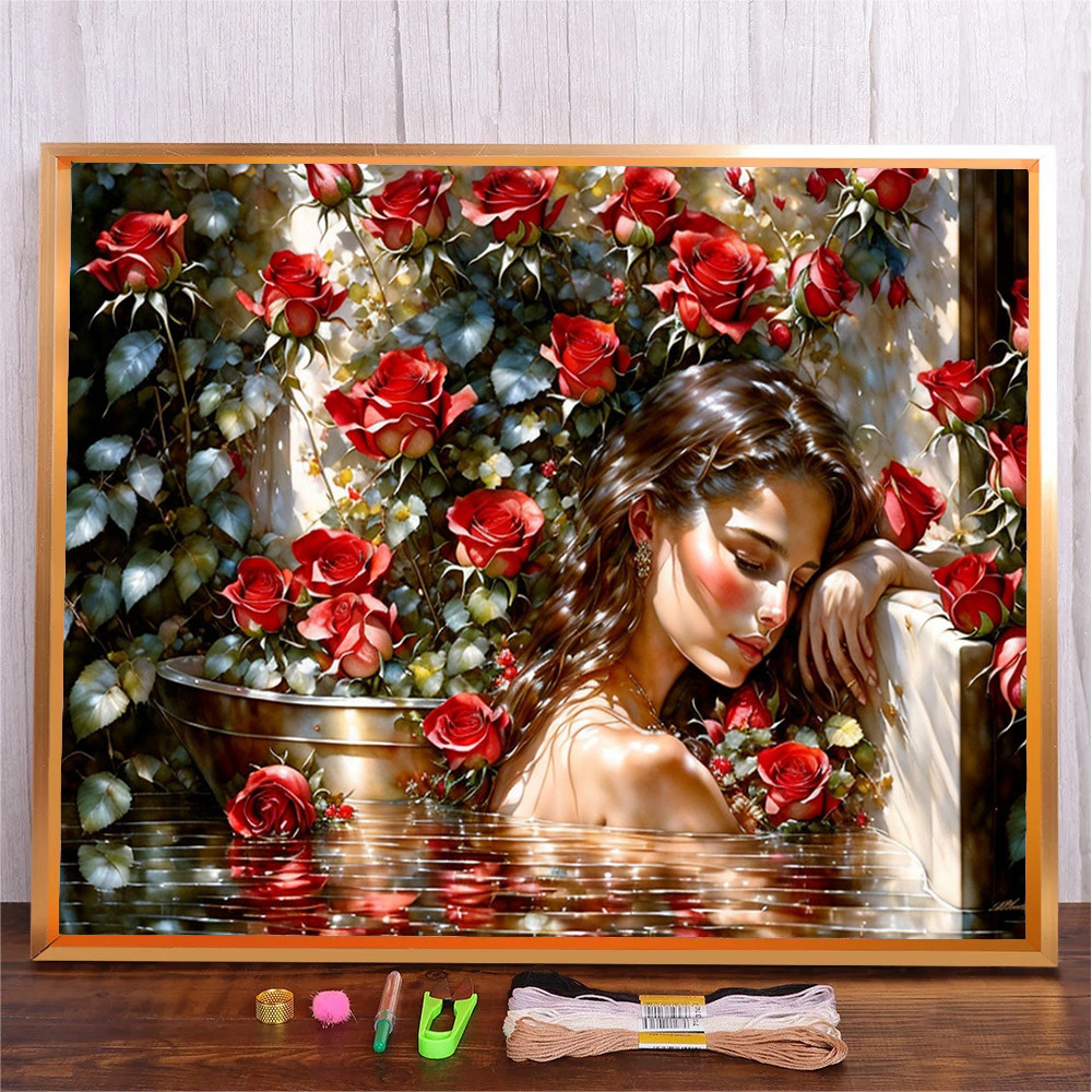 

Rose Girl Pattern Counted 11CT Printed Fabric Canvas DIY Hand Cross-stitch Set Embroidery Craft Home Wall Decor Unique Gift