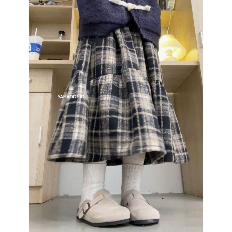 YAHAO- Rok Wol Wanita Rok Kotak-kotak Ramping Pinggang Tinggi Panjang Menengah Rok Payung A-line Rok