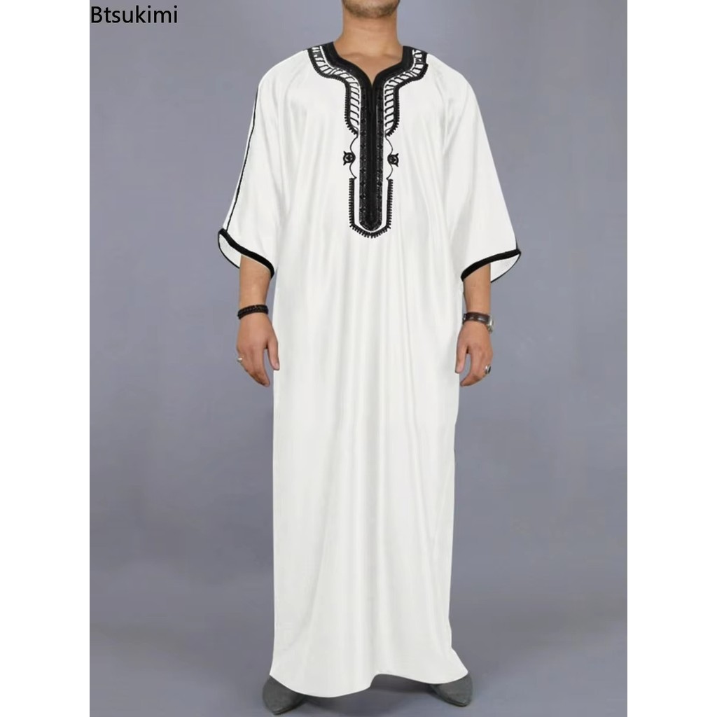 New 2025 Muslim Fashion Abayas for Men Patchwork Embroidery Long Robe Saudi Arab Kaftan Male Jubba T
