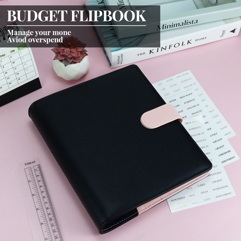 

A5 Loose Leaf Notebook with Pink Black Splicing 2.5CM Gold Ring PU Clip-on Notebook Cover Notebooks Journal Kawaii Stationery