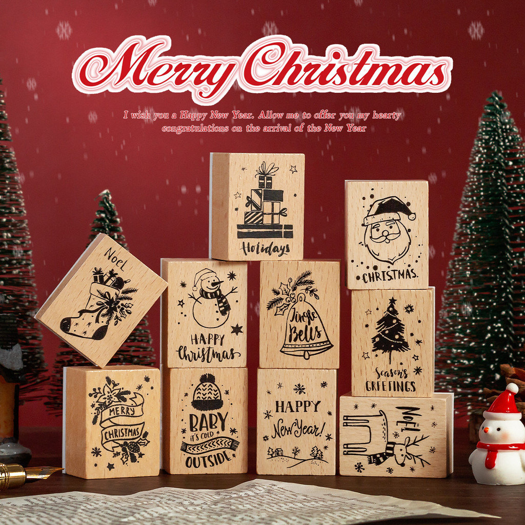 

Christmas Wooden Seal Set DIY Hand Account Diary Decoration Material Stamp Cross-border Christmas Seal 10 Pieces Wood Stamp
