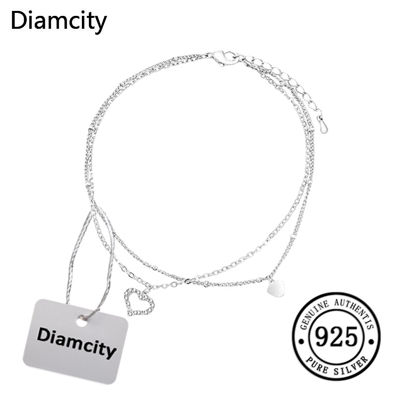 Diamcity Gelang Kaki Desain Niche Bentuk Hati Dua Lapis Perak 925