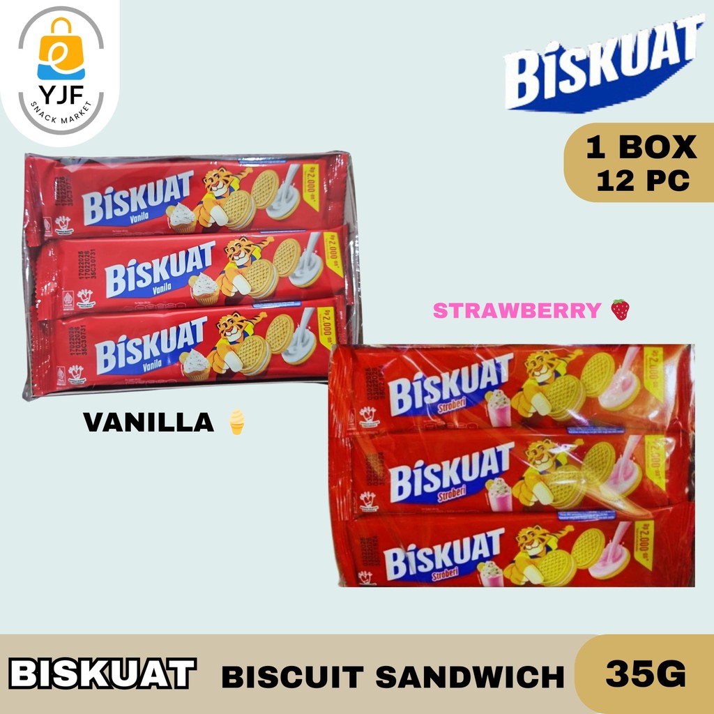 

Biskuat Lup 35g - 1BOX/12PCS Biscuit / Sandwich / Biskuit / Snack / Cemilan / Dengan Krim Vanila / Krim Strawberry
