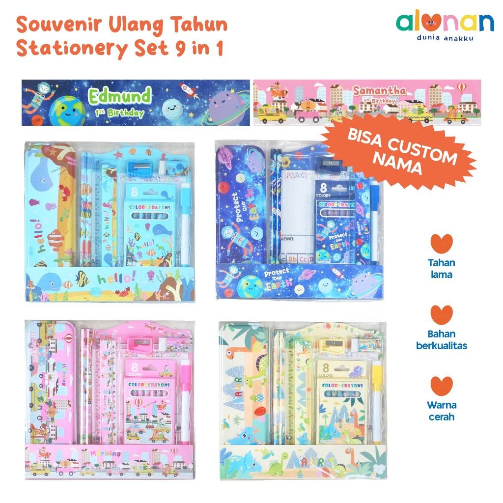 

AlunAN Custom Set Alat Tulis 9 in 1 - Hampers Ulang Tahun Anak / Stationery Set / Souvenir Ulang Tahun