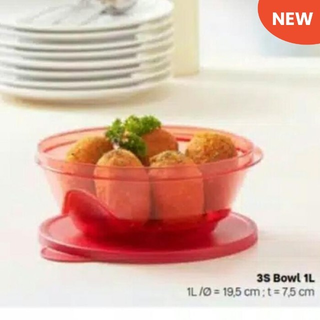 3S Bowl 1L Mangkok Crystal Activity Serving Bekal + Lid Penutup Plastik Merah