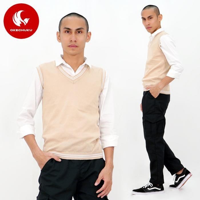 Okechuku Rompi Rajut Pria Vest Rajut Pria KREM LIST PUTIH Vest Pria - Navy, L