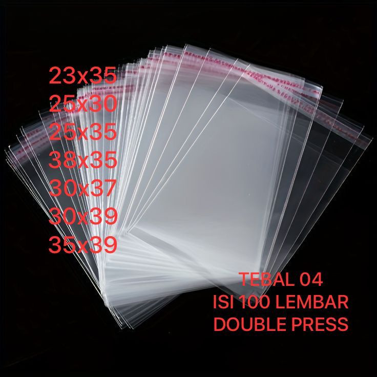 

PLASTIK OPP TEBAL 04 15 MICRON GARMEN 35x39 30x39 30x37 28x35 25x35 25x30 23x35 ISI 100 LEMBAR