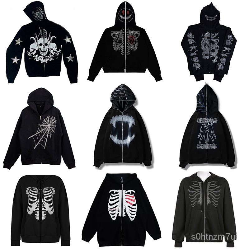 Rhinestones Spider Web Skeleton Print Black Y2k Goth Long-sleeve Full Zip Hoodies Oversized Jacket A