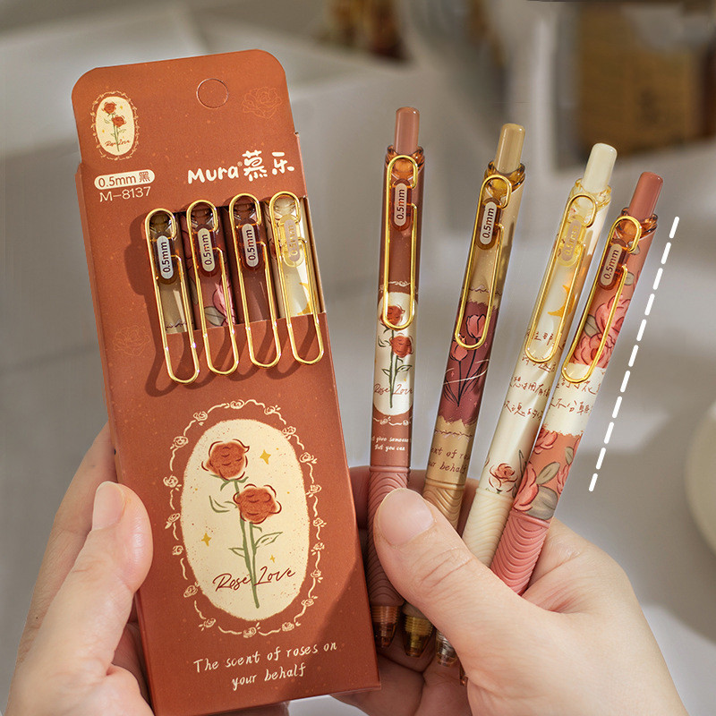 

4pcs/box European Roses Gel Pens Smooth Writing Black Ink Needle Pens for Students Korean Stationery School Office Supplies
