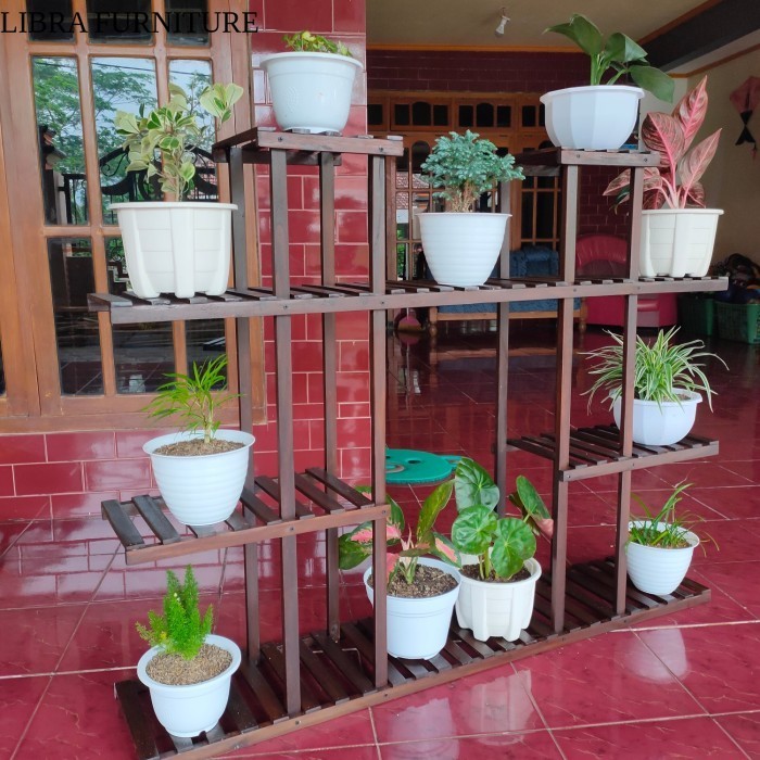rak bunga standing pot besar 16 tatakan kayu solid - Putih, include roda termurah terlaris