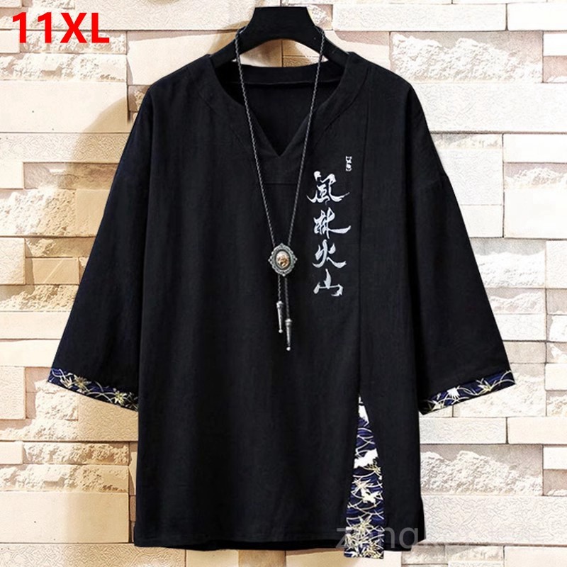 Large size oversized brother body shirts cotton linen Chinese style V-neck five-point sleeve t-shirt
