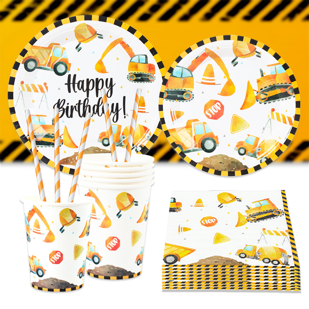 Construction Party Disposable Tableware Birthday Decoration Boy Baby Shower Excavator Truck Tractor 
