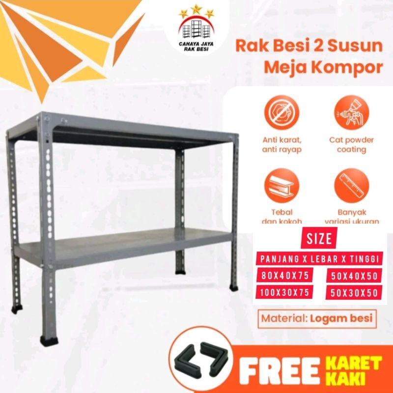 QJ88N rak besi 2 susun Meja Kompor Minimalis Serbaguna Mudah Dirakit Kuat Kokoh Kaki Tinggi