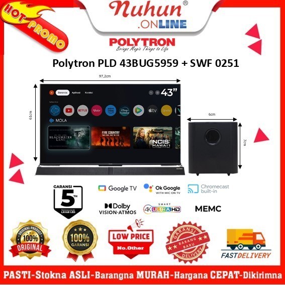 [CIANJUR] LED TV 43 Inch Polytron PLD 43BUG5959 + SWF 0251 Smart Android TV