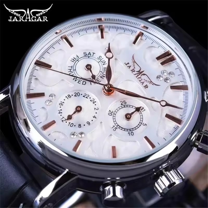 JARAGAR 348 Men's Automatic Mechanical Watches Military Multifunction Luxury Leather Strap Sport Wri