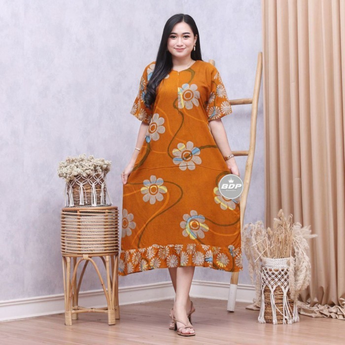 Daster Maura Cap Motif Kekinian/ Daster Wanita Lengan Pendek Batik Rumahan - Orange