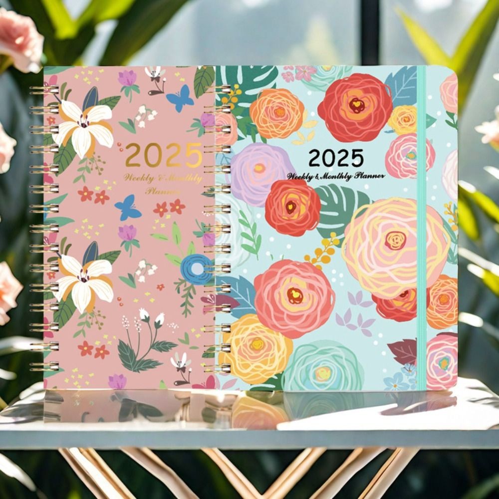 

2025 English Agenda Book 365-Day Monthly Floral Loose-leaf Coil Flowers Diary Notebook To Do List Planner Organizer