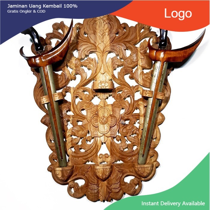 Blawong Tempat Keris Tempel Dinding Isi 3 Kayu Jati Ukir Kembang LSR7