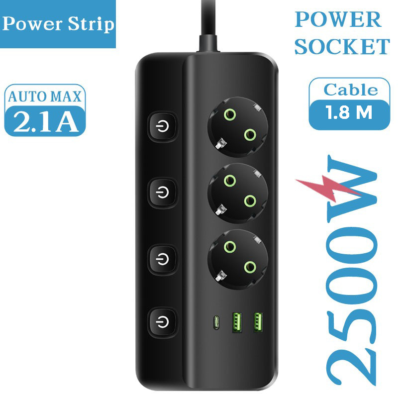 QIAOLIAN Stop Kontak 3 Lubang USB Type C EU Plug 10A 110-250V 2500W - QL-1096U Terminal Colokan List