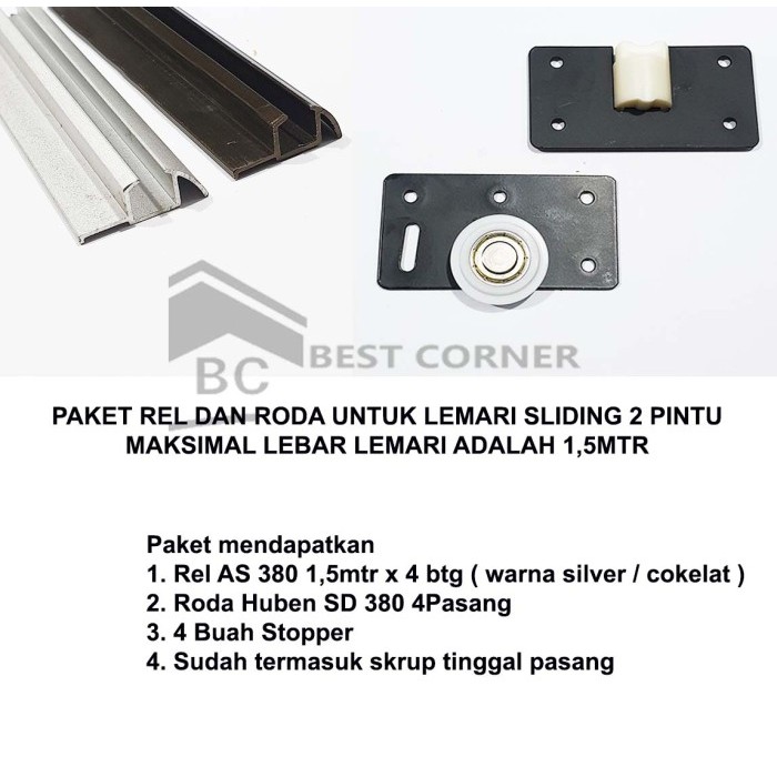 Paket Set Rel dan Roda untuk lemari geser 2 daun pintu