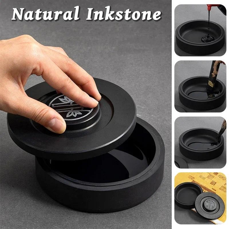 

Practical Calligraphy Inkstone Tai Ji Shape Inkslab Round Inkstone with Lid Ink Disc Inkwell Duan Incredible Painting Stick New
