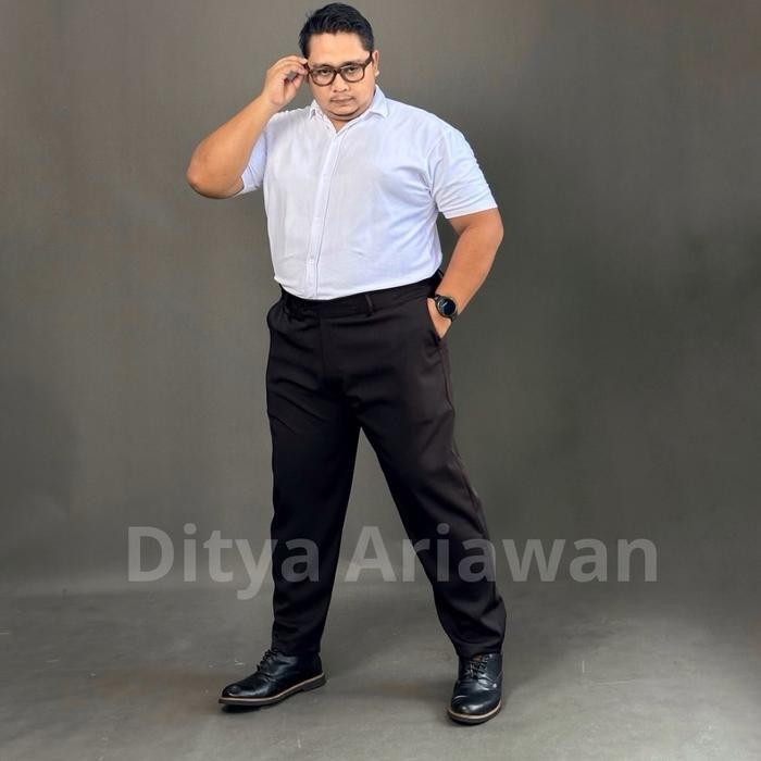Celana Panjang Kerja Formal Jumbo Pria Slimfit Stretch Karet - Black, 50