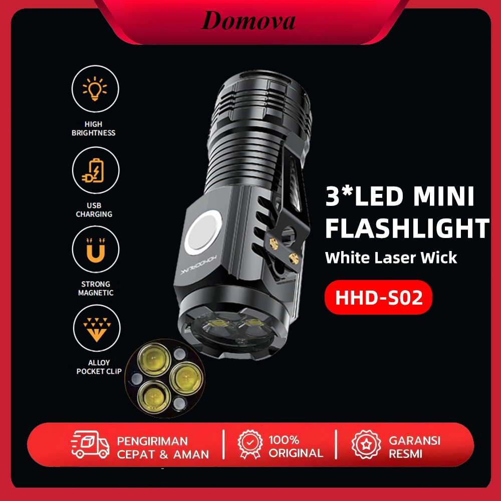 Senter Mini LED 3 Mata / Senter Mini Anti Air Super Terang / Senter Mini Rechargeable COD