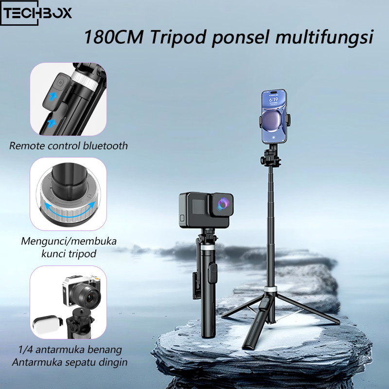 Tech Multifungsi Aluminium Tongsis Tripod Bluetooth Remote 1800mm Selfie Stick Tripod HP Holder Stan