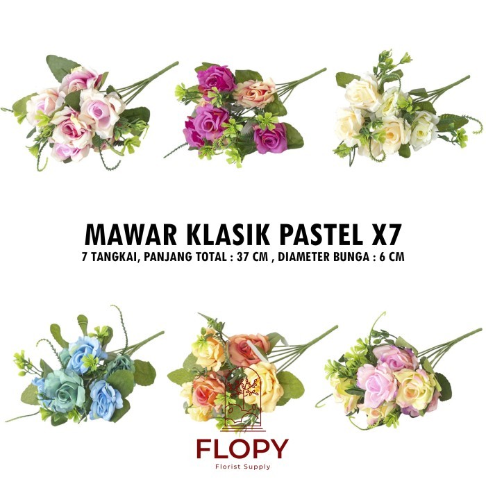 7 Tangkai Bunga Mawar Klasik Pastel X7 Artificial / Bunga Plastik - Burgundy-Pink