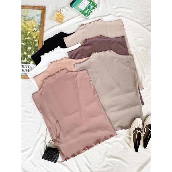 Manset Tanpa Lengan Rib Knit  Inner Tanpa Lengan Turtleneck - Hitam