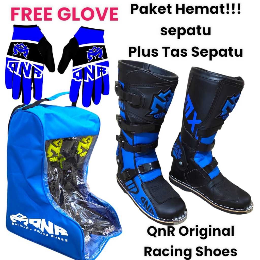 QNR - PAKET HEMAT  SEPATU CROSS BLUE QNR ORIGINAL  PLUS TAS JINGJING SEPATU BONUS SARUNG TANGAN PROD