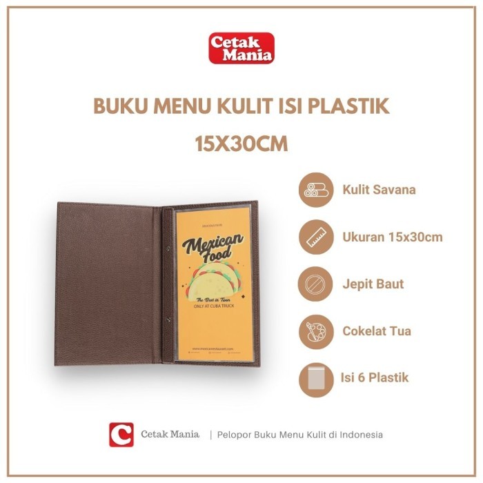 

Cetak Mania - Buku Menu Kulit Polos dan Logo Jepit Baut Isi Plastik Mika A4 & 15x30 Coklat muda, Coklat tua, Hitam - Cafe, Coffee Shop, Restoran, Hotel - Coklt tua 15x30