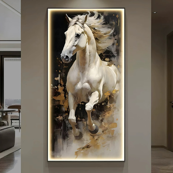 Lukisan Porcelain Painting Diamond Kuda Lari Putih  Led Lighting