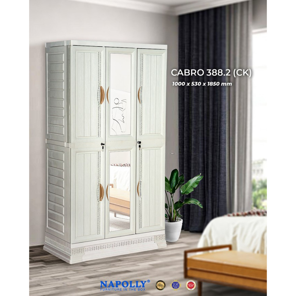 LEMARI PAKAIAN 3 PINTU CERMIN + LACI NAPOLLY CABRO 388 2CK MODERN / LEMARI 3P PLASTIK KACA / LEMARI 