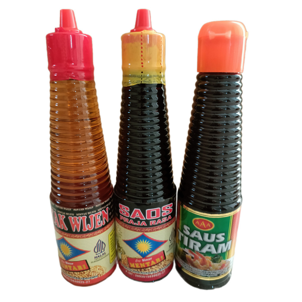 

Paket Hemat 3 Botol - Minyak Wijen Cap Sinar Mentari 150 ml, Praja Rasa Cap Sinar Mentari 150 ml, Saus / Saos Tiram AAA 140 ml