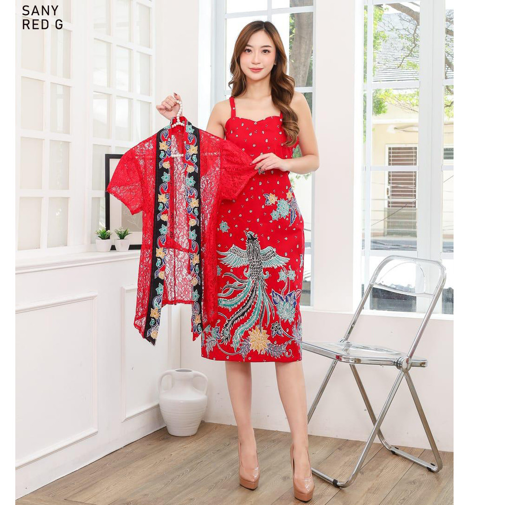 GIRLY Sany Red G Dress Batik Kebaya Wanita Batik Couple Modern Dress Batik Modern Gaun Pesta Dress B